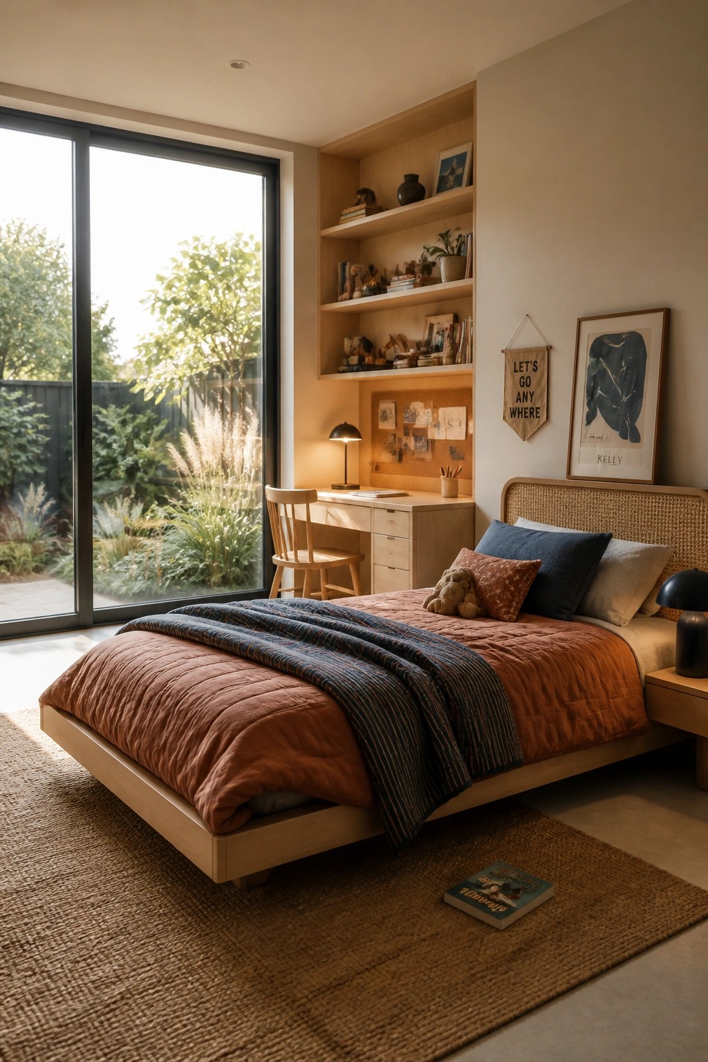 A modern bedroom with a low wooden bed dressed in rust orange bedding and a blue striped throw, built-in wooden shelves and desk along one wall, and a large glass door overlooking a garden.