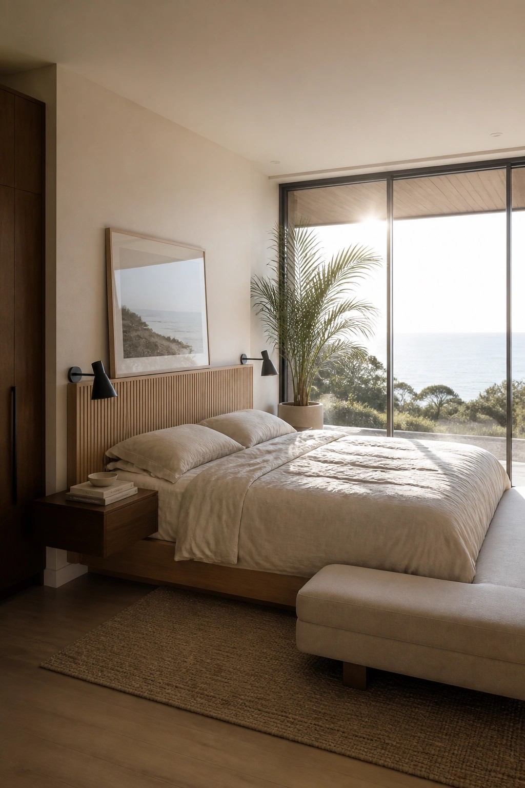 A modern bedroom featuring a wooden bed with beige bedding, floating nightstands, wall-mounted lamps, a large window with an ocean view, and a potted palm plant.