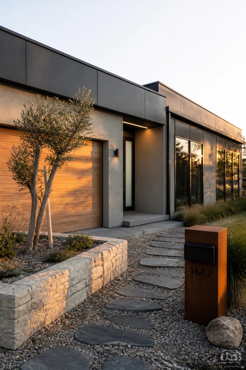 Modern house with wood garage, stone path, olive tree, and mailbox at dusk