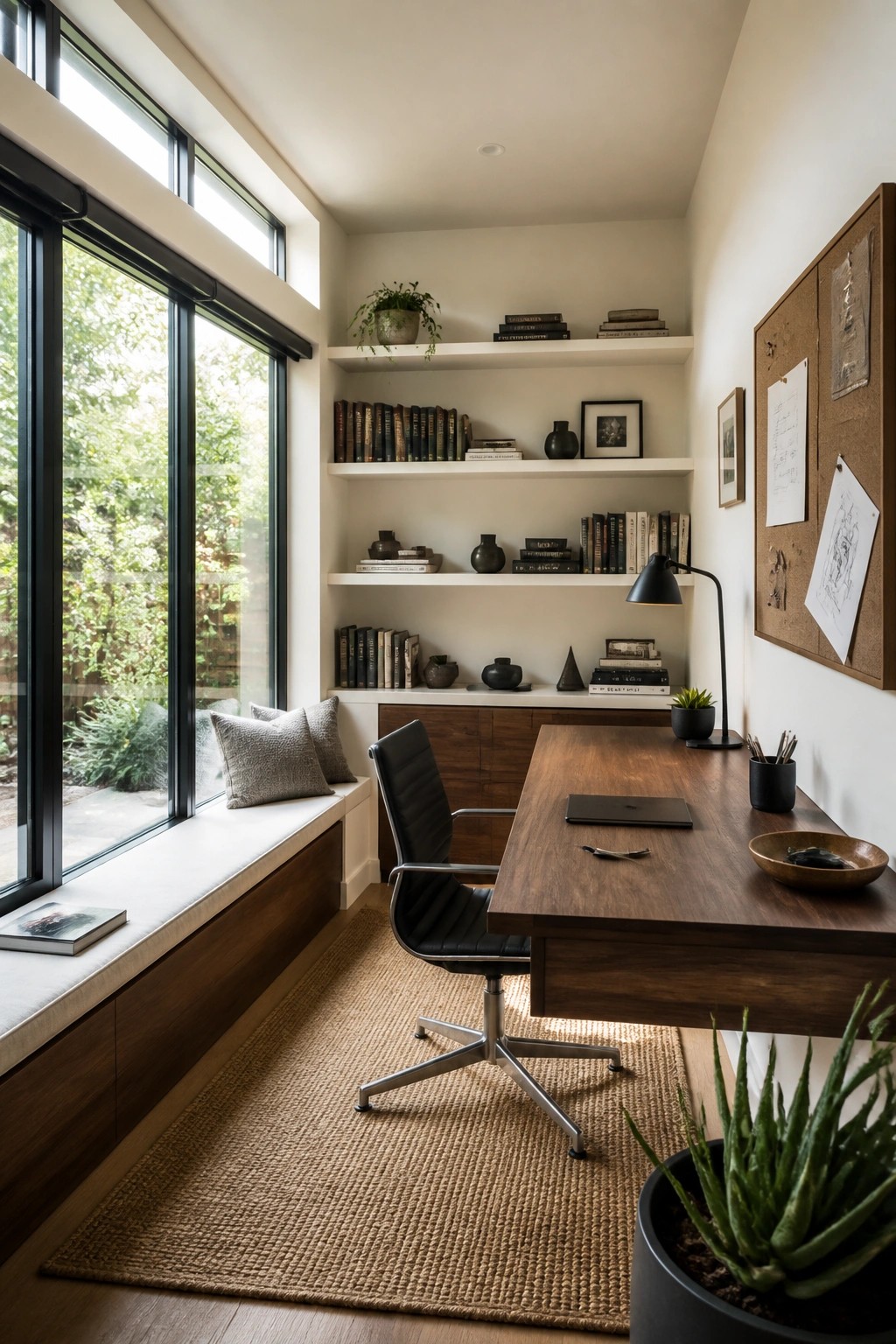 A modern home office features a wooden desk, black leather chair, white built-in shelves with books and decor, and a large window with a cushioned seat.
