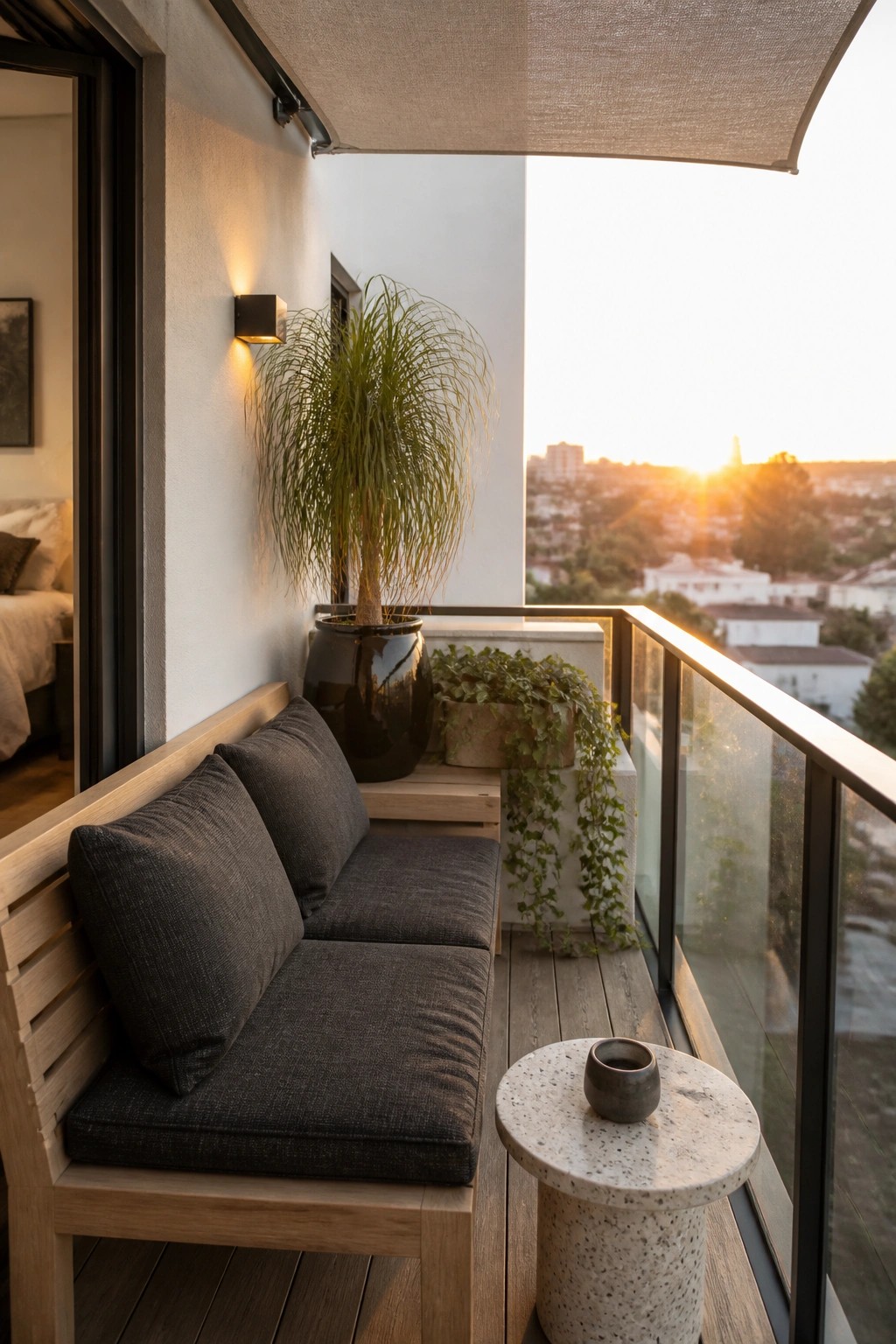 A wooden bench with dark gray cushions on a modern balcony, next to a large potted plant and a small round stone table, with a city view at sunset.