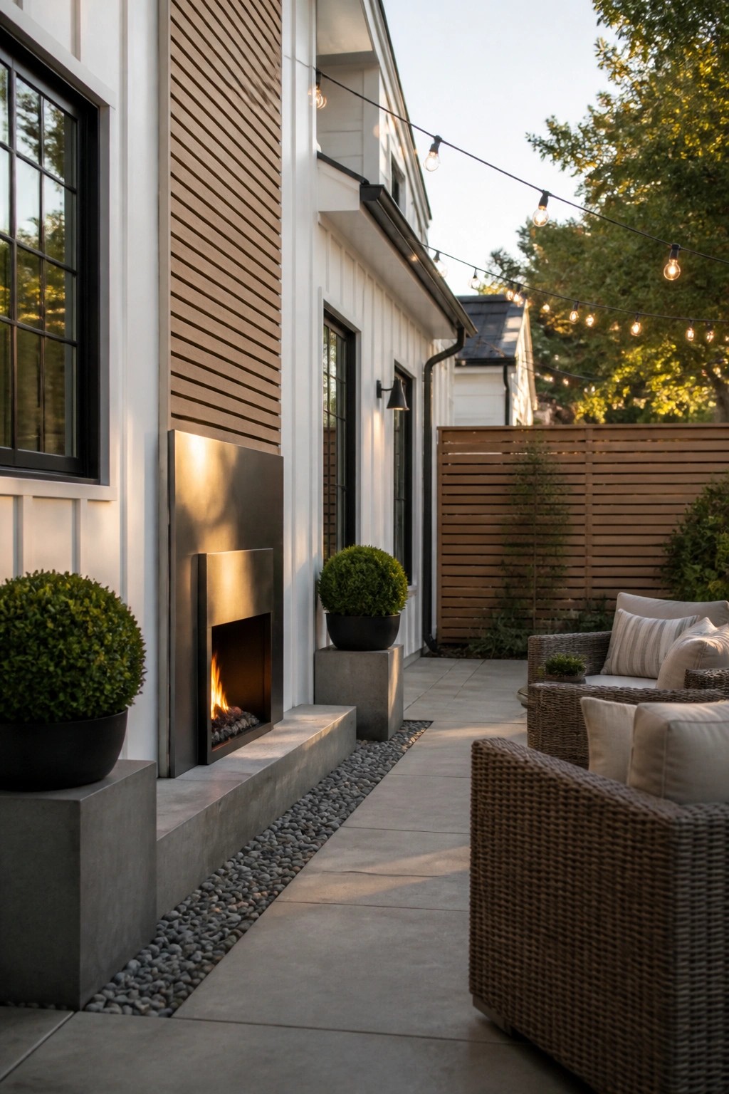 Modern farmhouse exterior showing a built-in outdoor fireplace set into a white and brown siding wall beside a concrete patio with woven outdoor seating and string lights overhead.