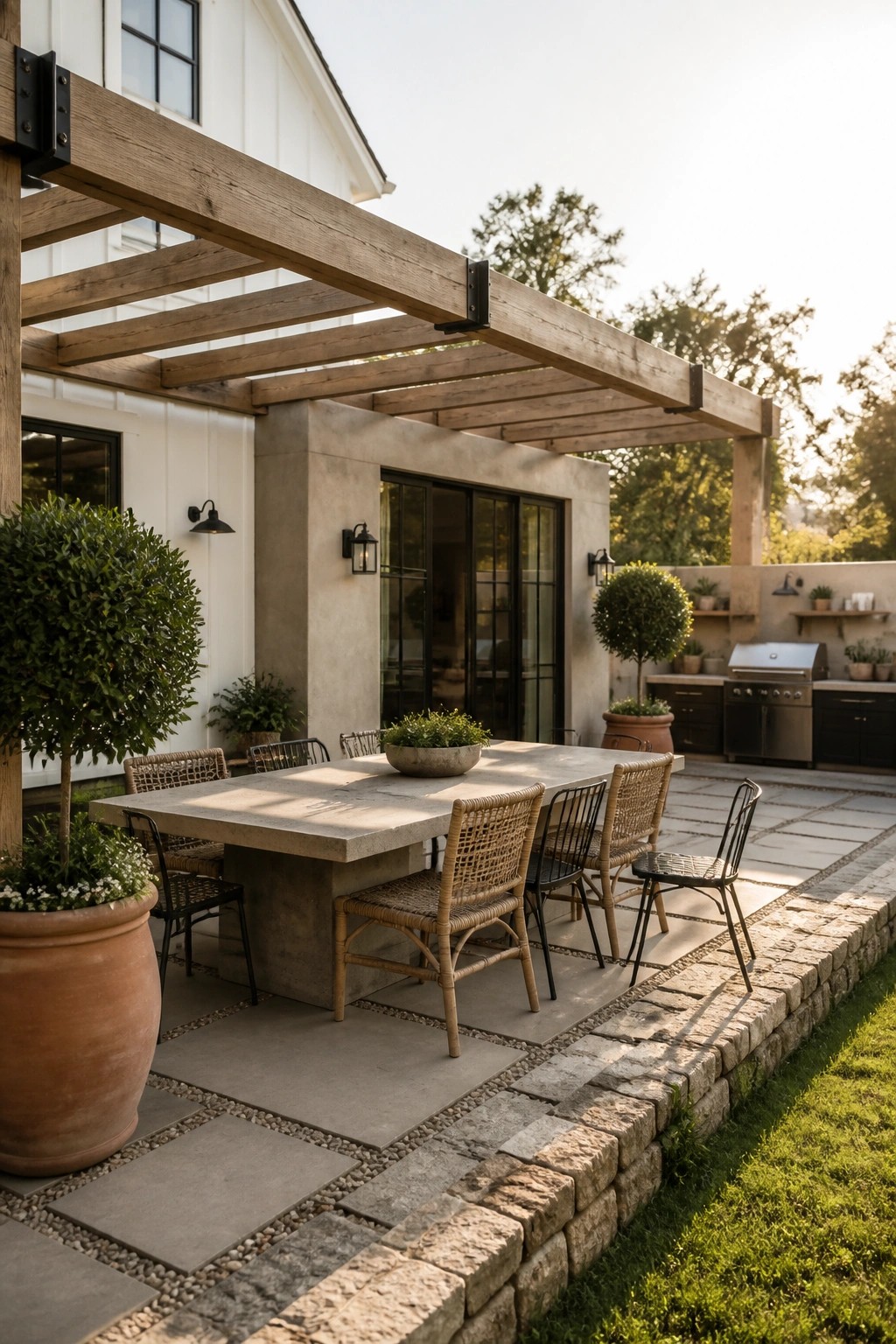 Outdoor dining area with a concrete table, mixed woven and metal chairs, under a wooden pergola attached to a white house with black-framed doors.