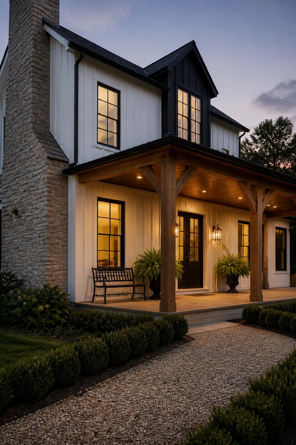Modern farmhouse exterior with white siding, black trim and windows, stone chimney, and wooden porch with bench and ferns at dusk.