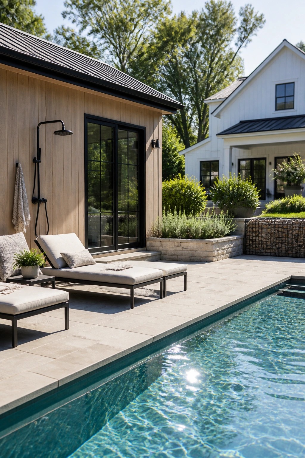 Modern poolside patio with lounge chairs, outdoor shower, and wooden building.