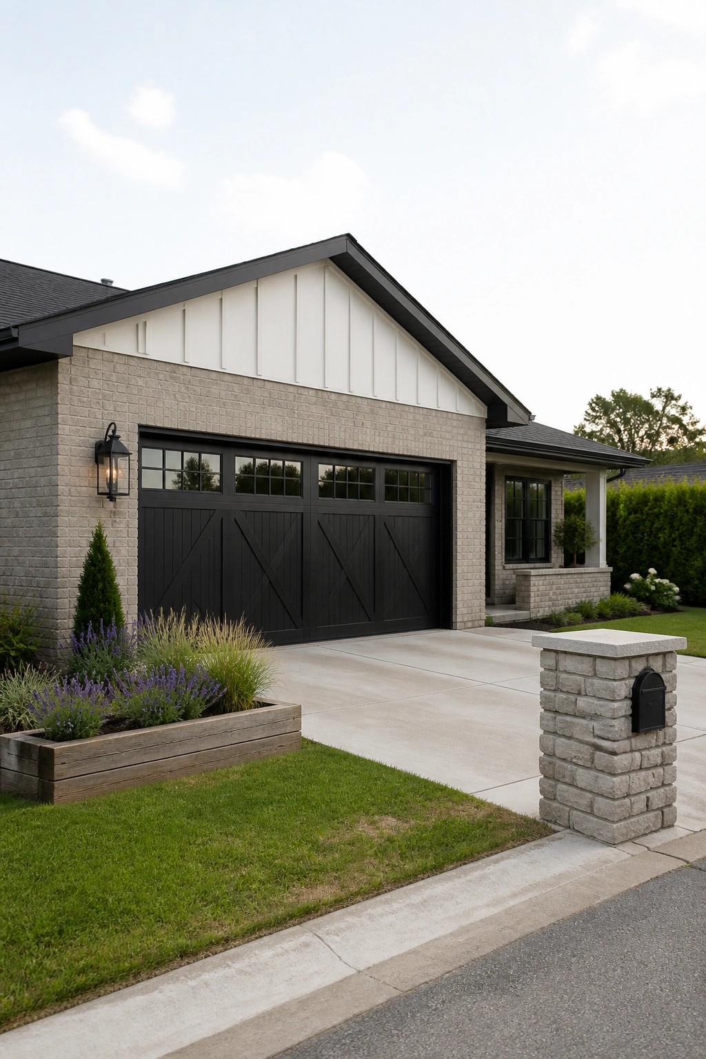 Modern home with beige brick walls, black garage door, and stone mailbox post
