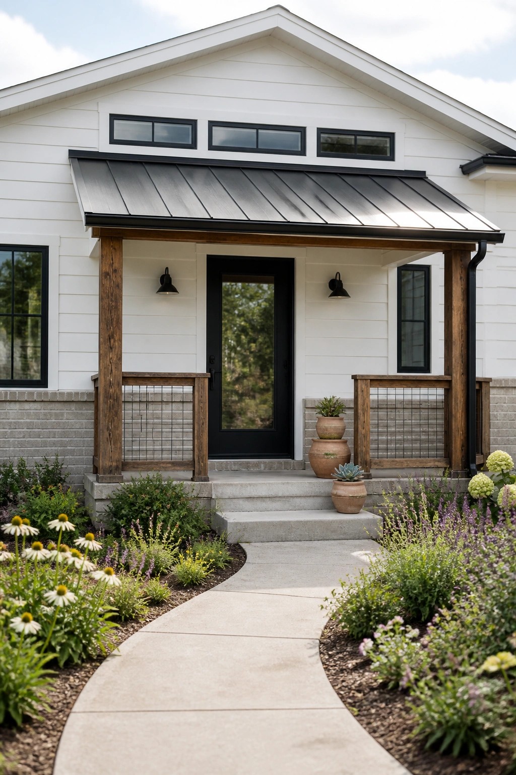 Modern white farmhouse with black door, wooden porch, and flower-lined path.