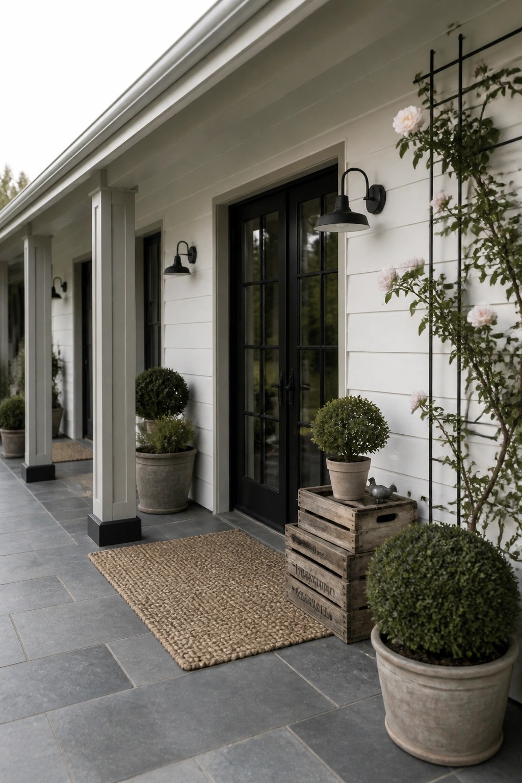 A white farmhouse exterior with black double doors, black wall sconces, potted shrubs, and a climbing rose on a black trellis beside stacked wooden crates.