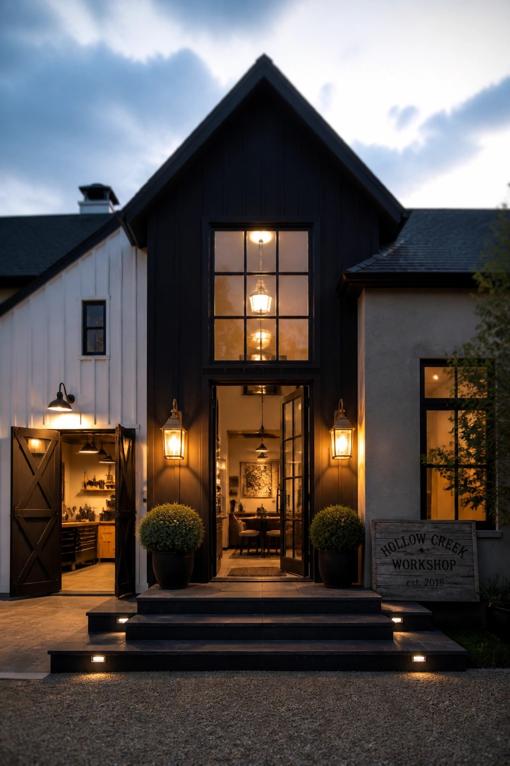 Modern farmhouse exterior at dusk showing a tall black central gable with large divided windows above an open door, white siding on the left wing, and dark steps with potted shrubs.