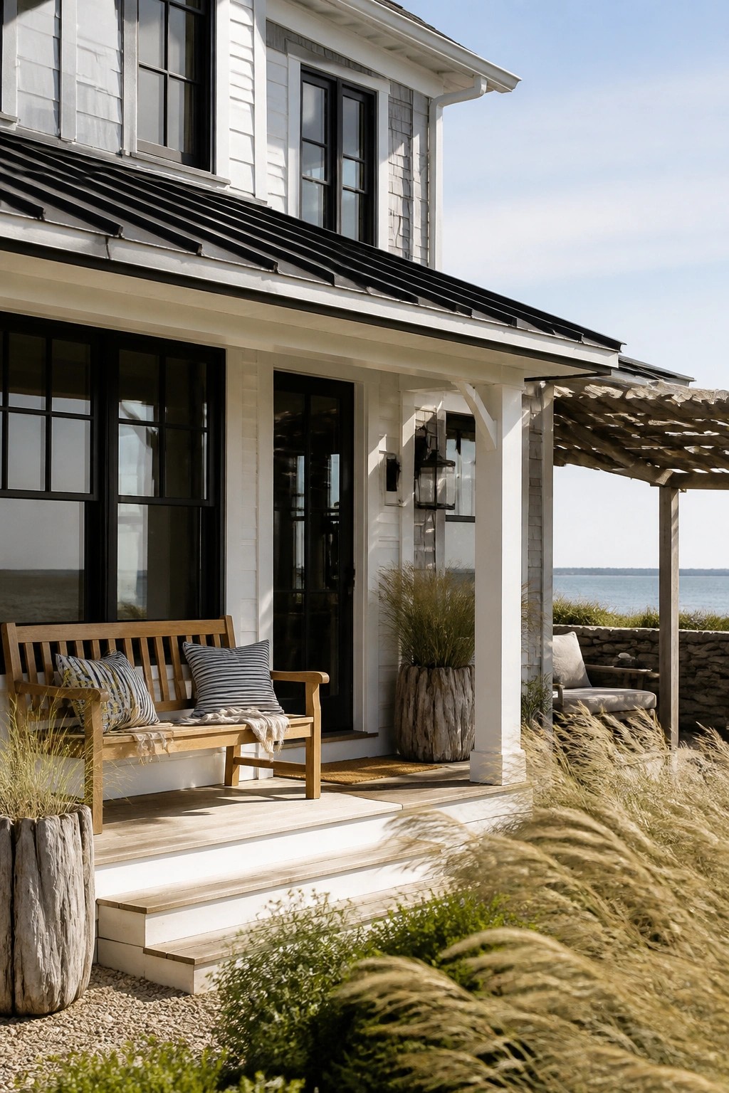 A white modern farmhouse exterior with black window frames, a wooden bench on the porch, and coastal landscaping in the foreground.