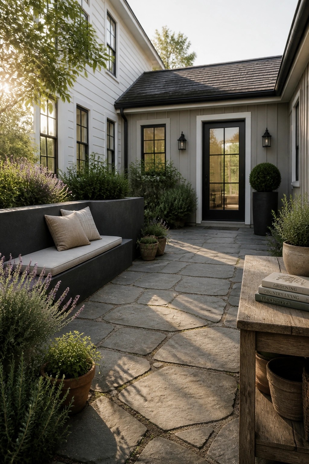 A stone patio courtyard with a built-in bench along the house wall, potted plants, and a wooden table in front of a house with white and greige siding and a black door.