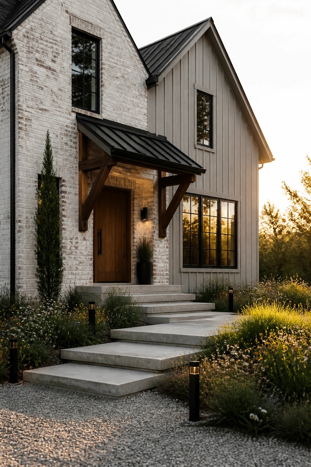 A modern farmhouse exterior shows white brick on one section and greige board-and-batten siding on the other, with a wooden door under a black metal awning and concrete steps in front.
