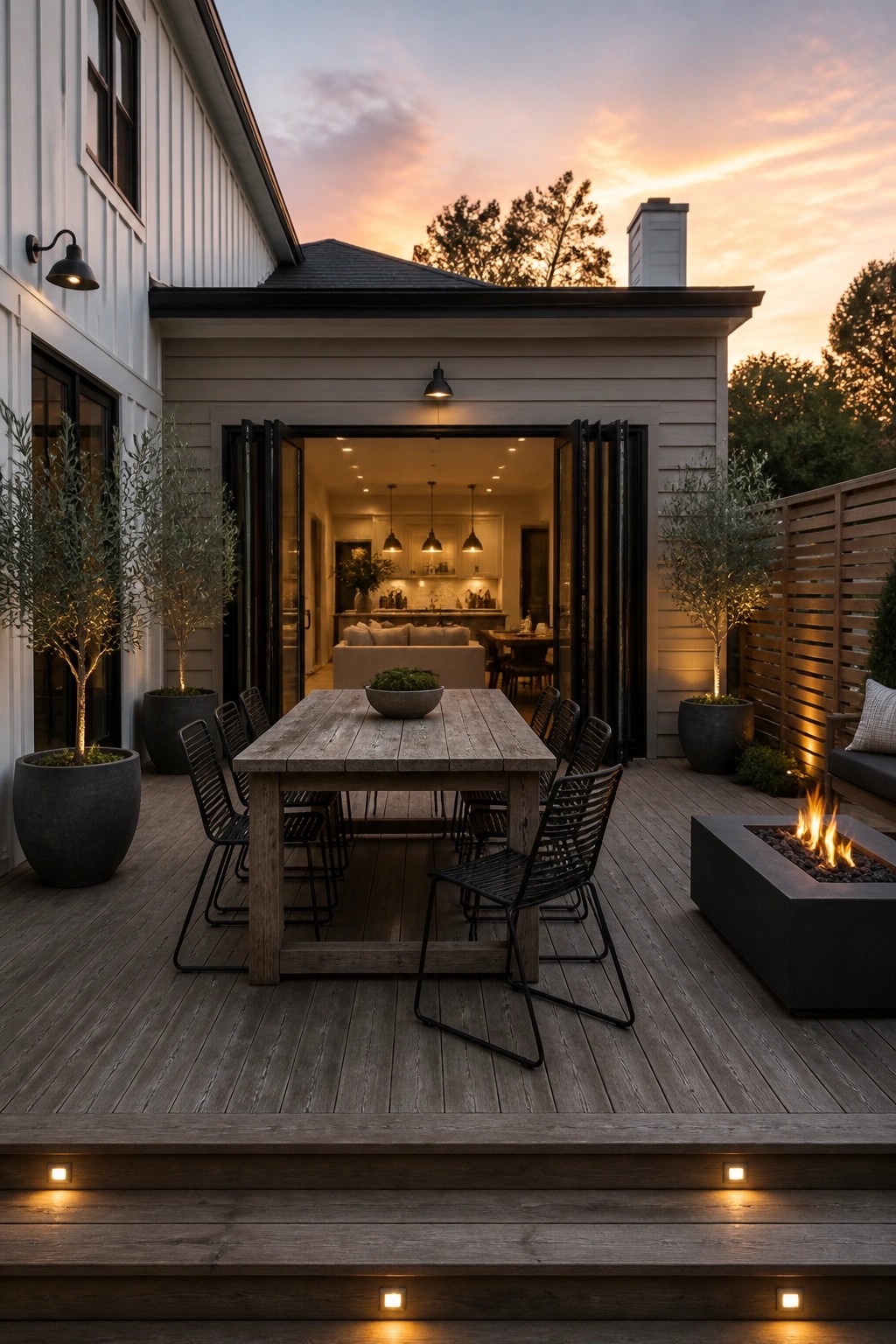 A wooden dining table with black metal chairs on a gray deck outside a house with white and greige siding and large open black doors.