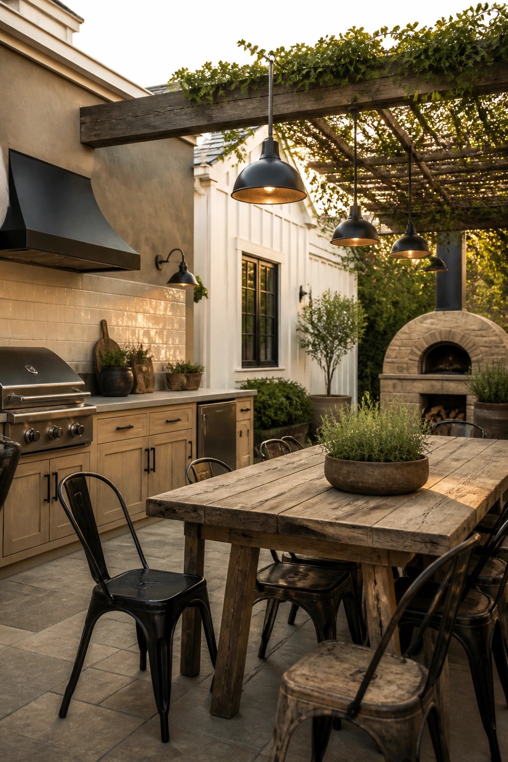 Outdoor patio scene showing a large wooden dining table with black metal chairs under a wooden pergola with black pendant lights, next to an outdoor kitchen with stainless grill and range hood and a stone pizza oven in the background.