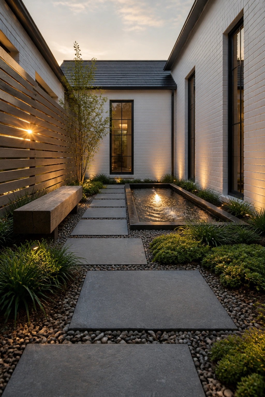 A gravel courtyard with large gray stepping stones, a rectangular water feature, and white brick buildings with black window frames.