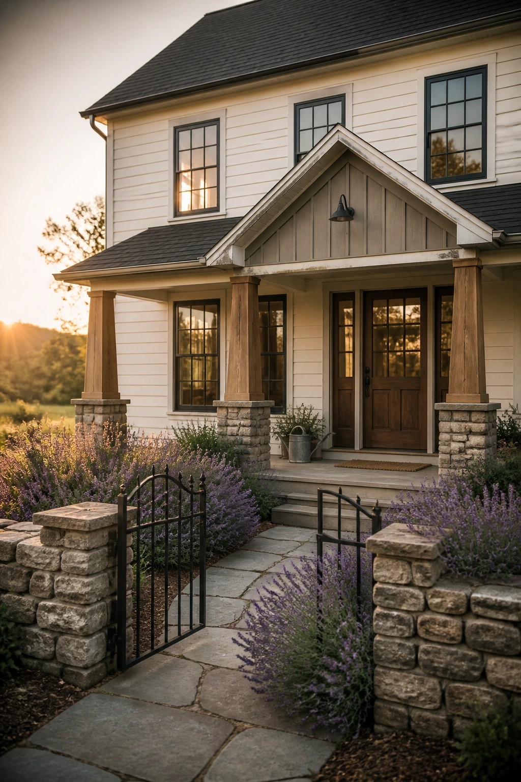 A two-story white house with a greige front gable, wooden porch columns on stone bases, and dark-framed double doors.