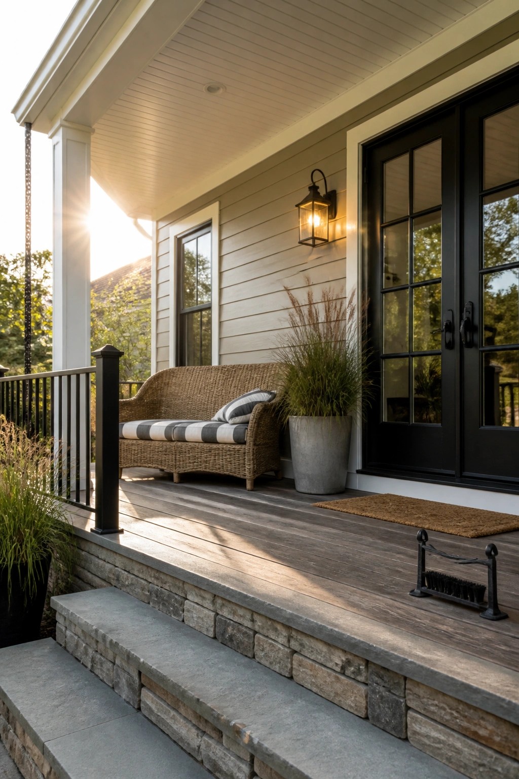 A modern farmhouse front porch features greige siding, white trim, a black double door, wooden decking, a woven sofa with striped cushions, a potted plant, and stone steps.
