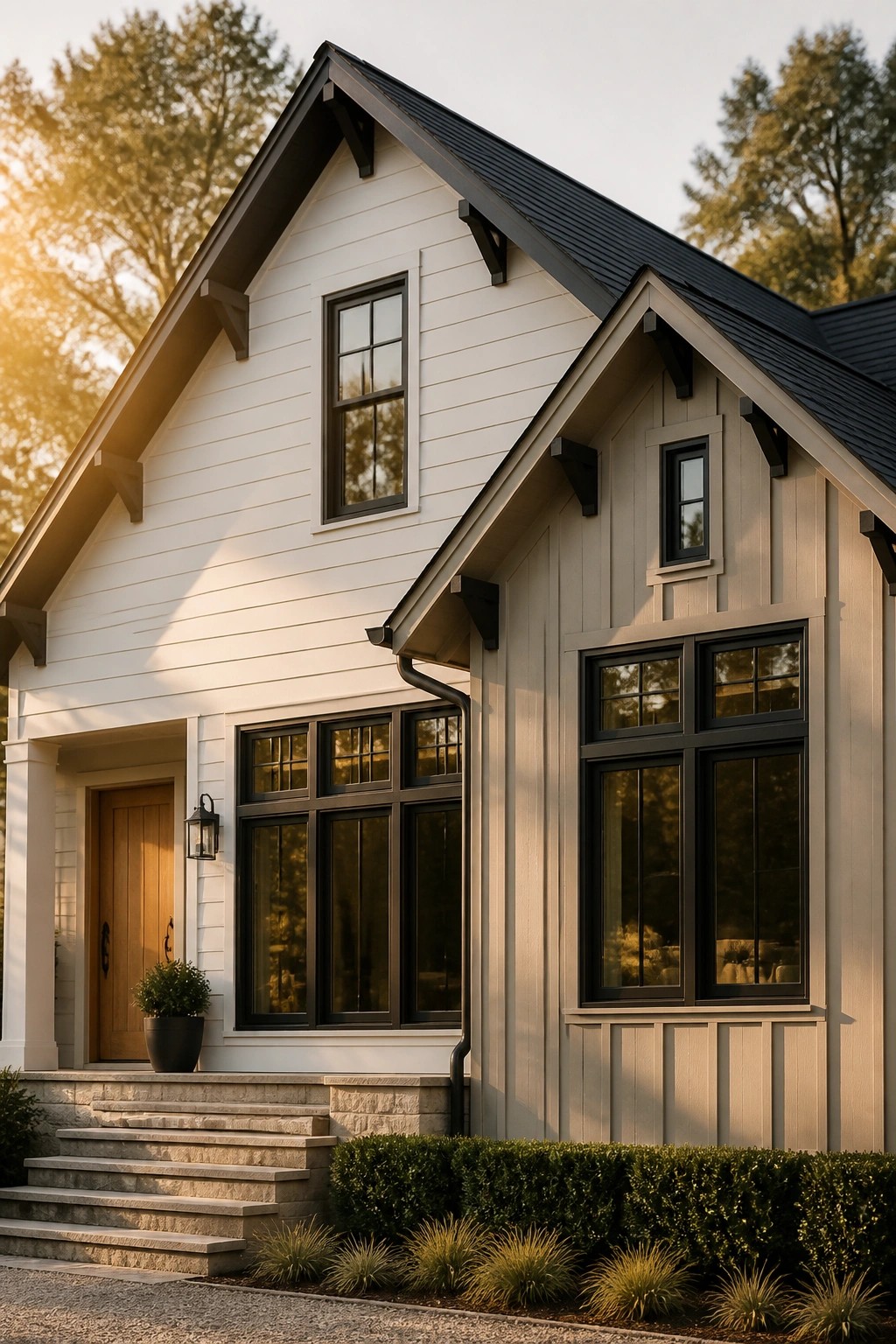 A two-story modern farmhouse with white siding on the gable end, greige siding on the side wing, black window frames and roof, a wooden front door, and stone steps.