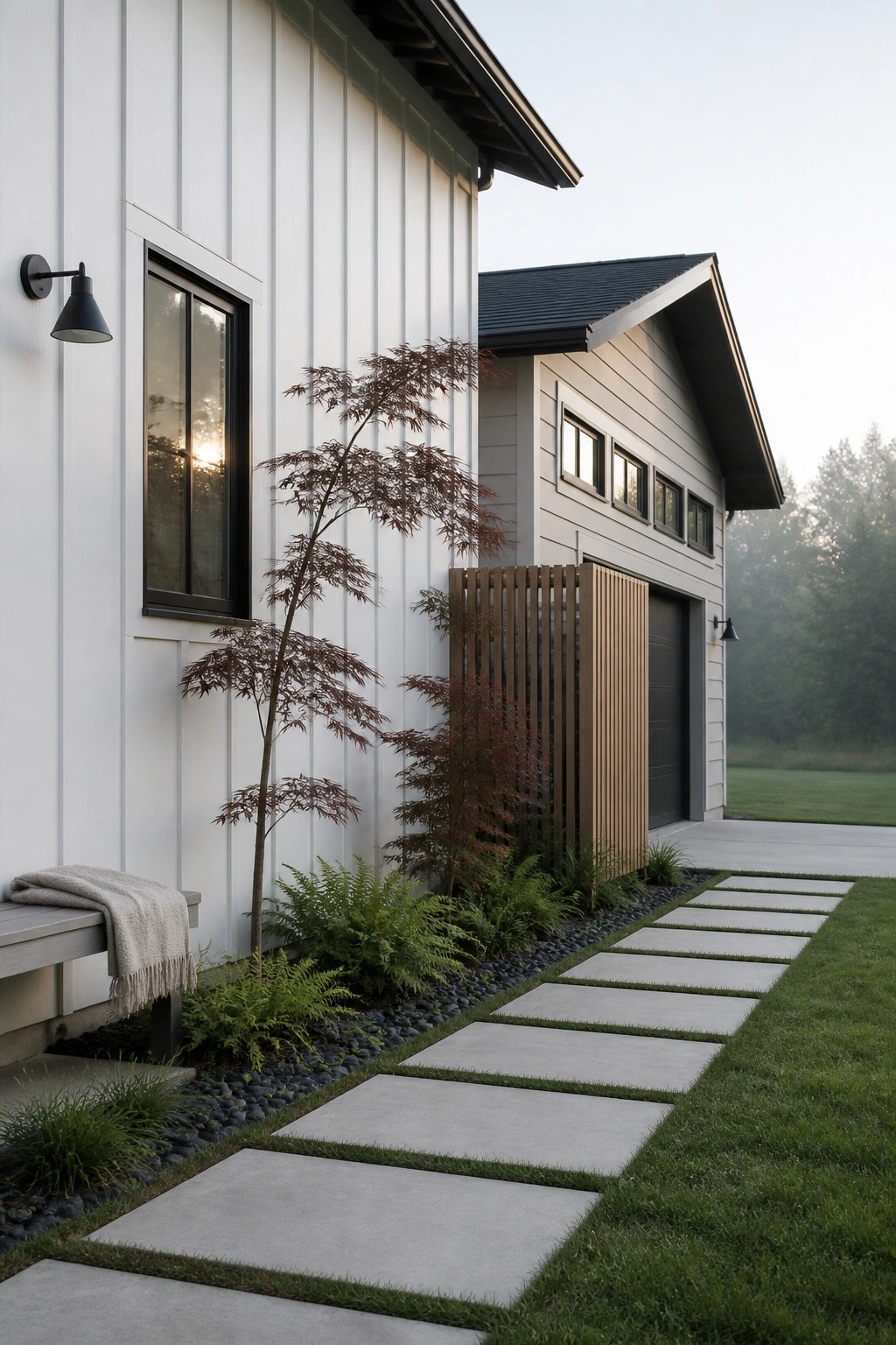 A modern farmhouse exterior featuring white vertical siding on the main section, greige siding on the garage wing, black-framed windows, a black roof, and a concrete paver walkway bordered by low plantings.