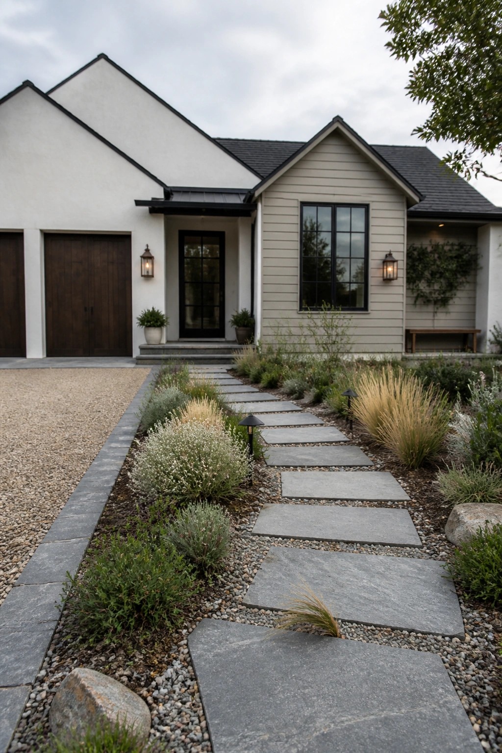 Modern farmhouse exterior showing white gable ends, greige siding, black window frames and trim, a gravel driveway, and a stone pathway through landscaping.
