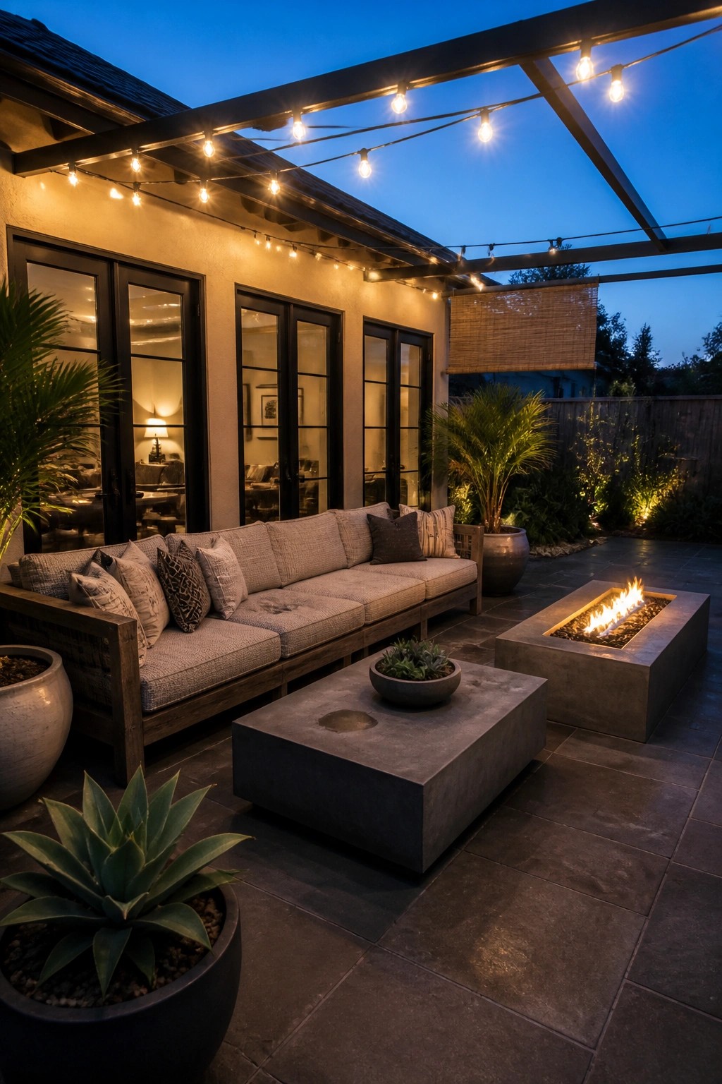 Cozy patio with sectional sofa, fire pit, string lights, and potted plants at dusk