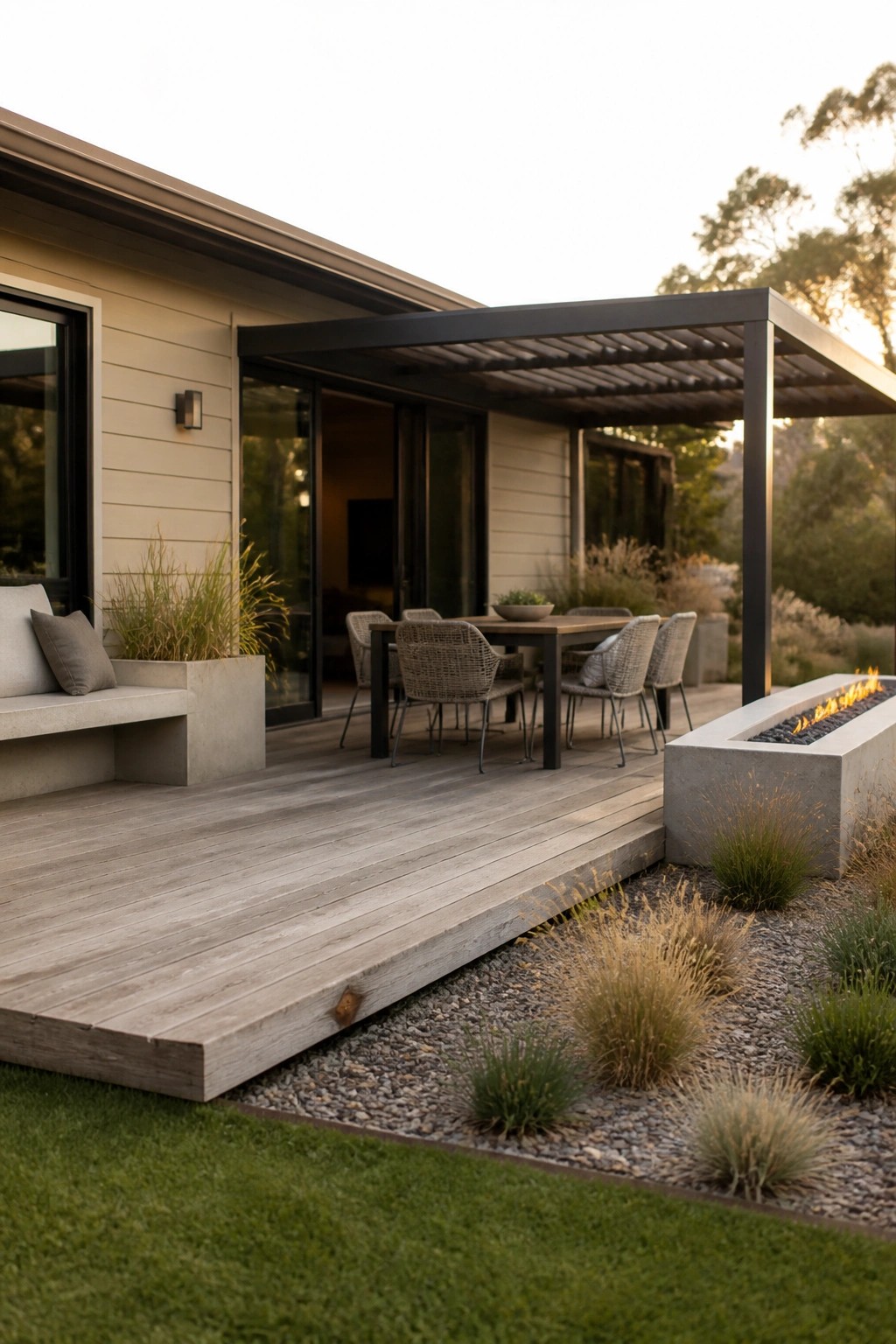 A beige house with black windows and doors opens onto a wooden deck with a dark metal pergola, outdoor dining table and chairs, and a concrete fire pit set in gravel beside a lawn.
