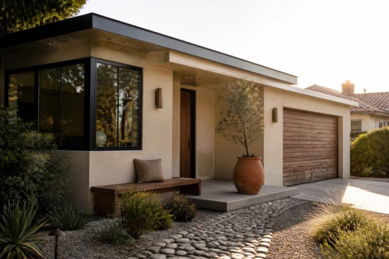 A modern house exterior with warm beige stucco walls, black-framed windows, a wooden bench, a large terracotta pot, and a concrete pathway.