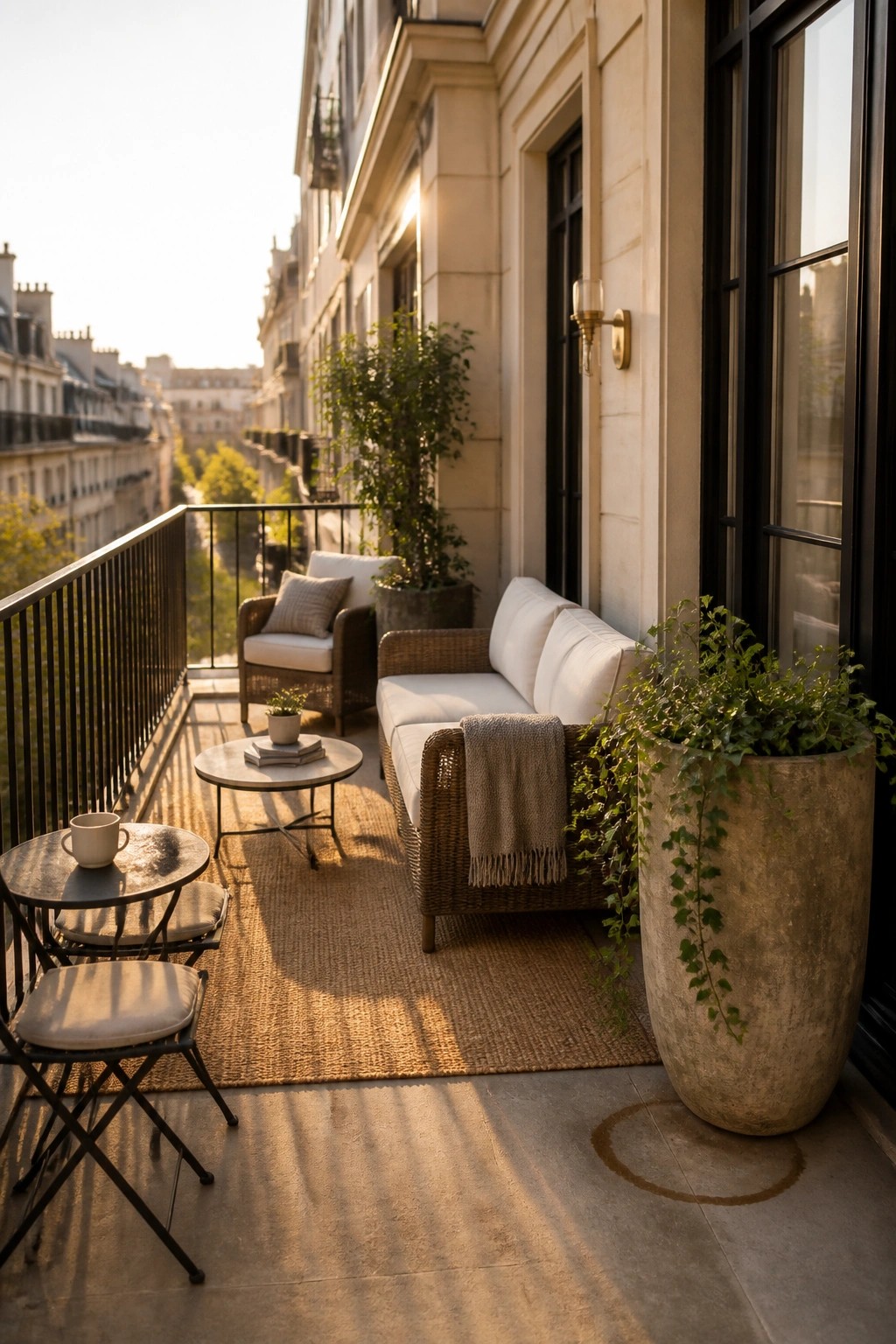 A furnished stone balcony with wicker seating, a jute rug, small tables, and two large planters holding green plants, set against a beige building with black window frames.