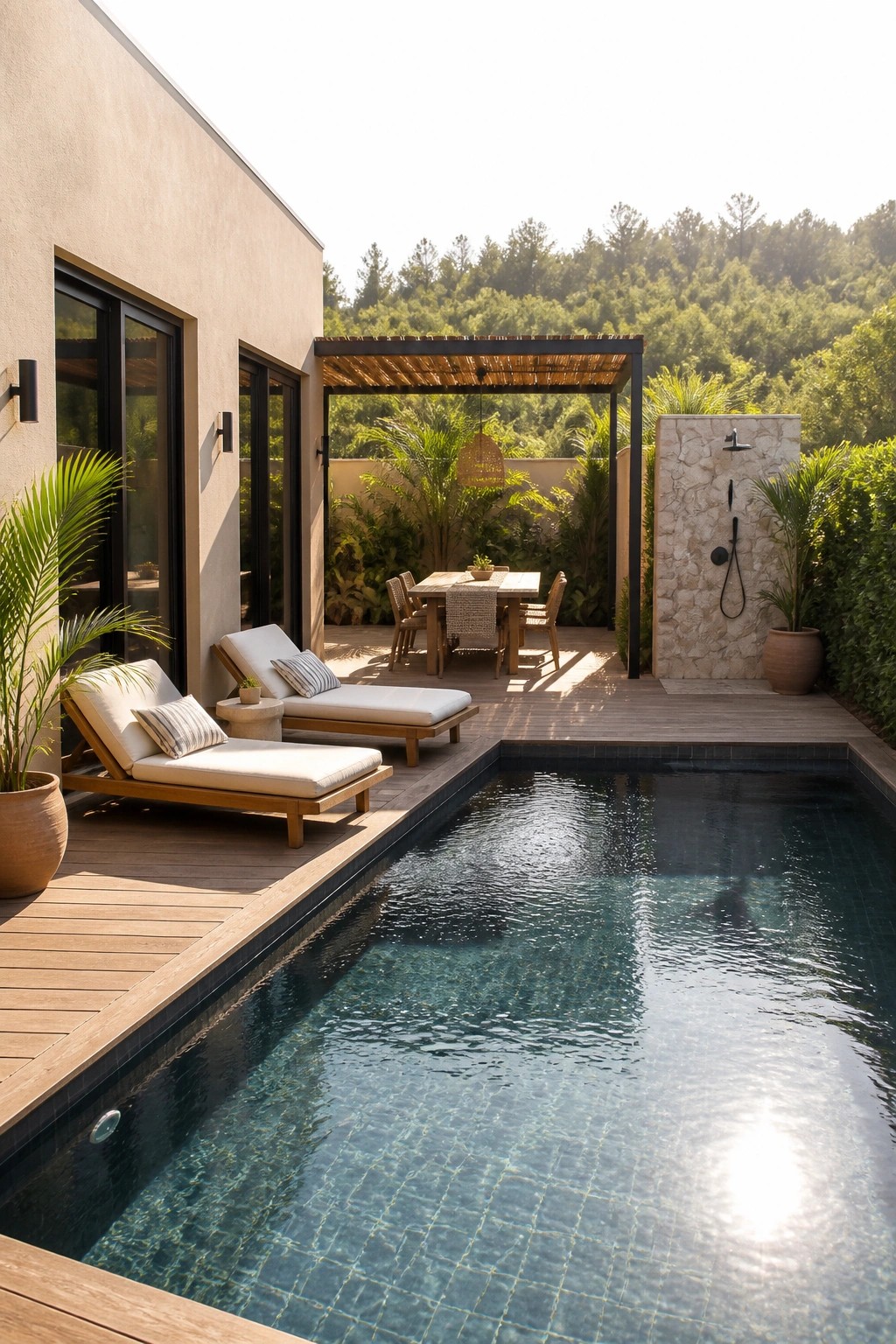 A beige stucco house with black-framed glass doors opens onto a wooden deck with two lounge chairs, a dining area under a pergola, and a swimming pool next to an outdoor stone shower.