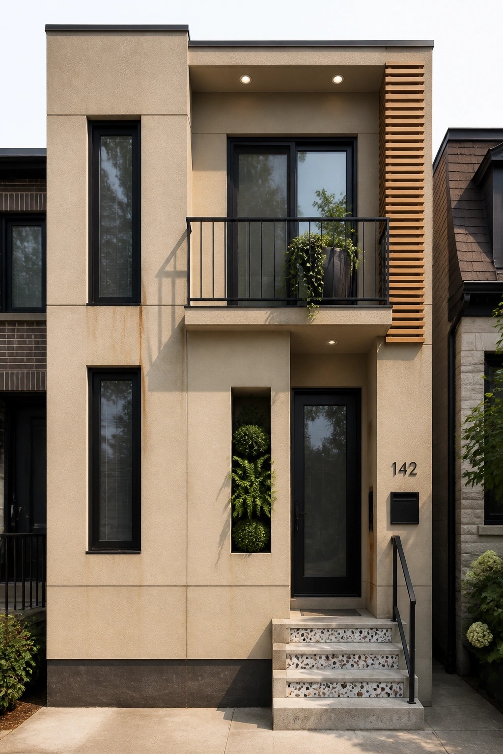 A modern two-story house with warm beige stucco walls, black-framed windows and door, a small balcony, and terrazzo steps at the entrance.