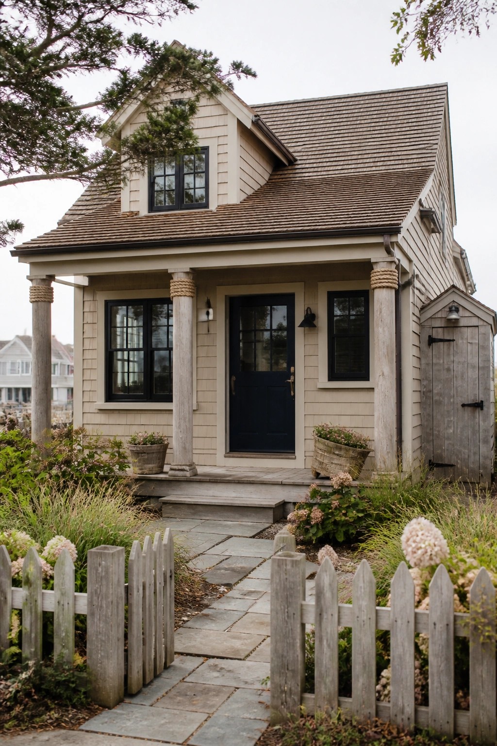 A light beige house with black windows and door, a covered porch with two columns, and a stone path leading to the front steps.