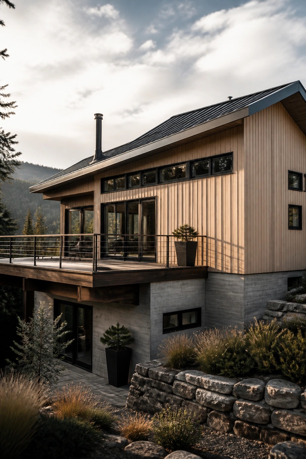 Modern two-story house with warm beige vertical wood siding, black-framed windows, a cantilevered deck, and a stone retaining wall in a forested mountain setting.