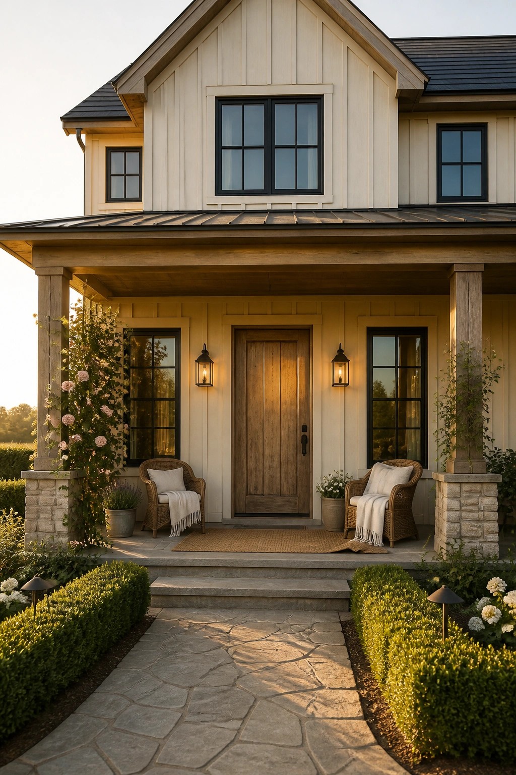 A two-story house with warm beige siding, black-framed windows, a wooden front door, stone porch columns, and a covered entry with wicker seating.