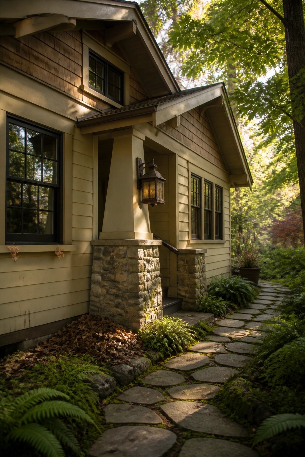 Yellow wooden cottage with stone porch, lantern, and mossy path amid ferns and trees.