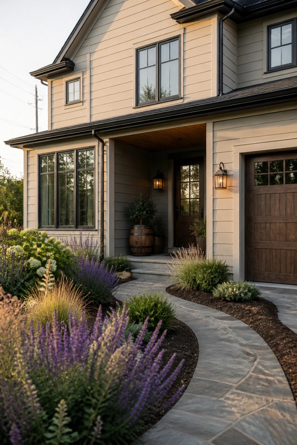 A two-story house with warm beige siding, black-framed windows, a covered entry porch with a dark wooden door, and a curved stone pathway bordered by flowering shrubs.