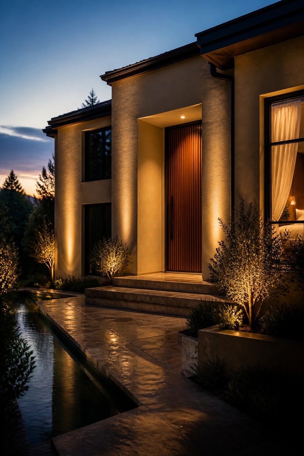 Modern house exterior at dusk with warm beige stucco walls, black windows, a vertical wood front door, stone steps, and landscape lighting on nearby plants.