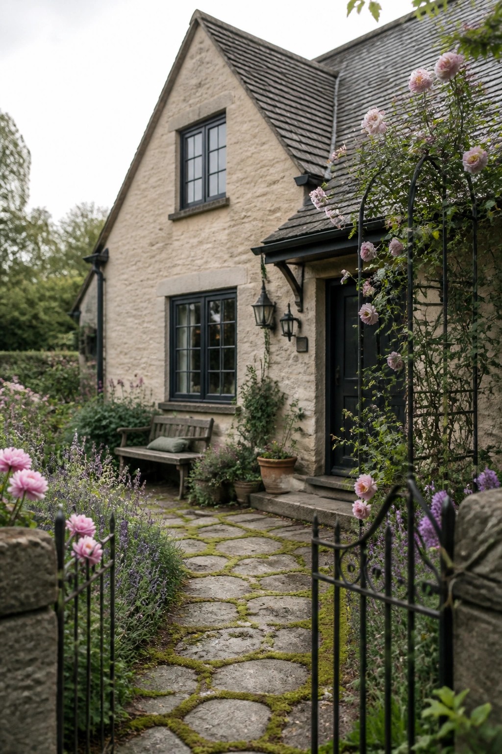 A stone cottage with warm beige walls, black windows and door, and a moss-covered stone path lined with pink roses and flowers.