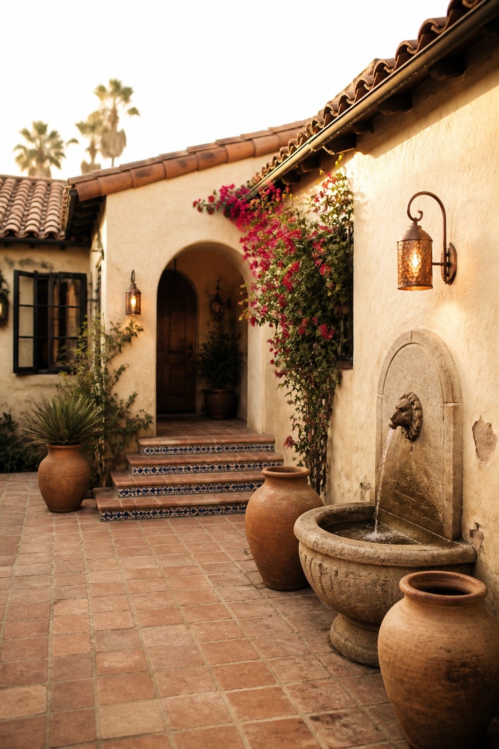 A courtyard view of a beige stucco house exterior with black-framed windows, terracotta roof tiles, a stone lion fountain, and potted plants beside an arched doorway.