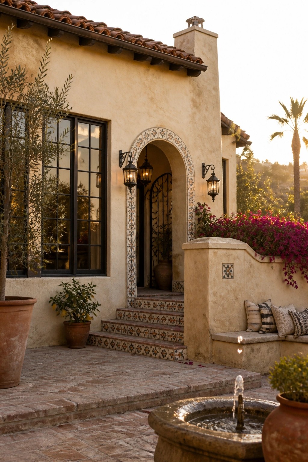 A warm beige stucco house exterior featuring black-framed windows, a tiled arched entryway with lanterns, terracotta pots, and a stone fountain in the foreground.