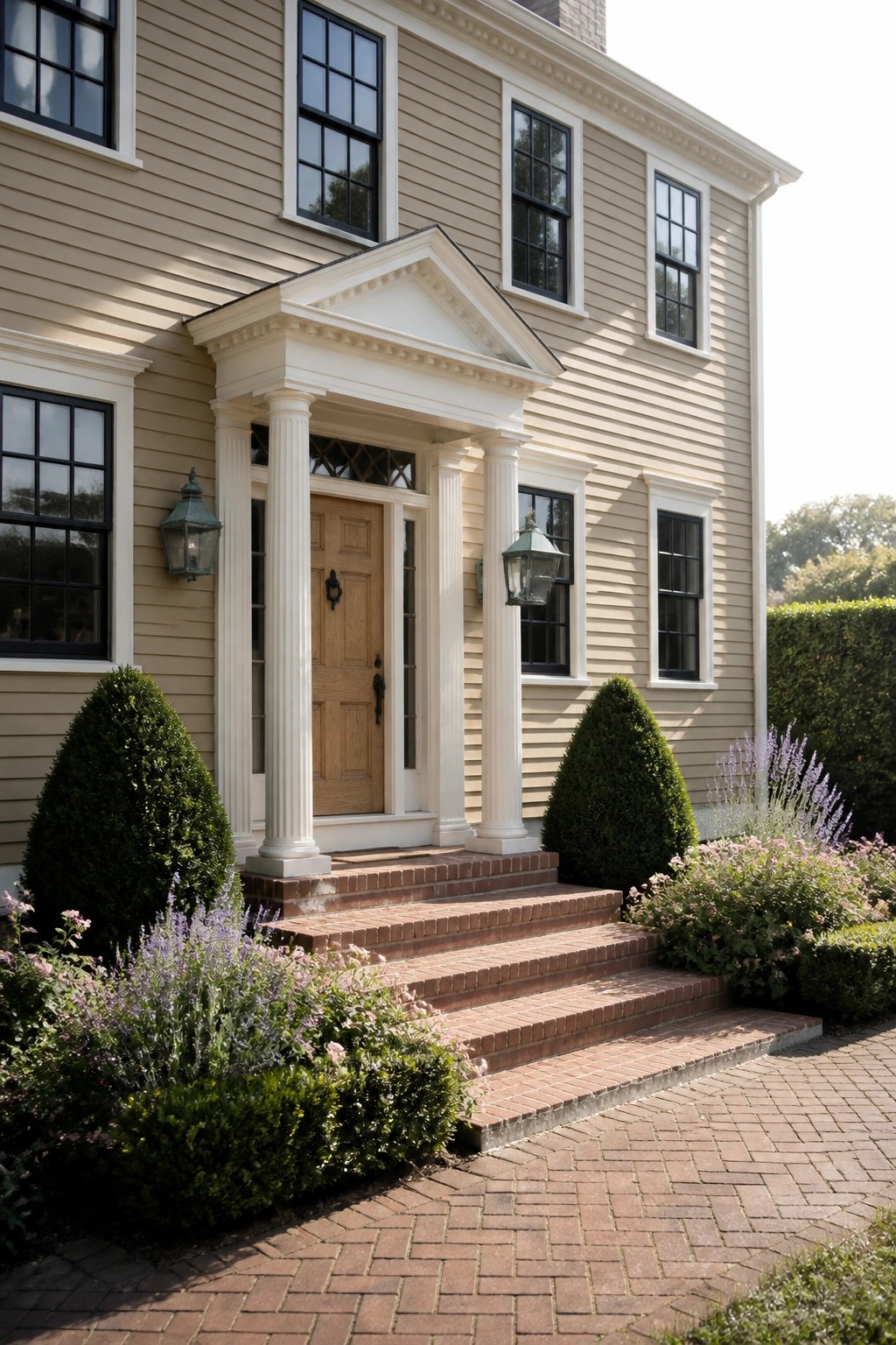 A two-story beige house with black-framed windows, white trim, a columned portico entrance, and brick steps flanked by shrubs.