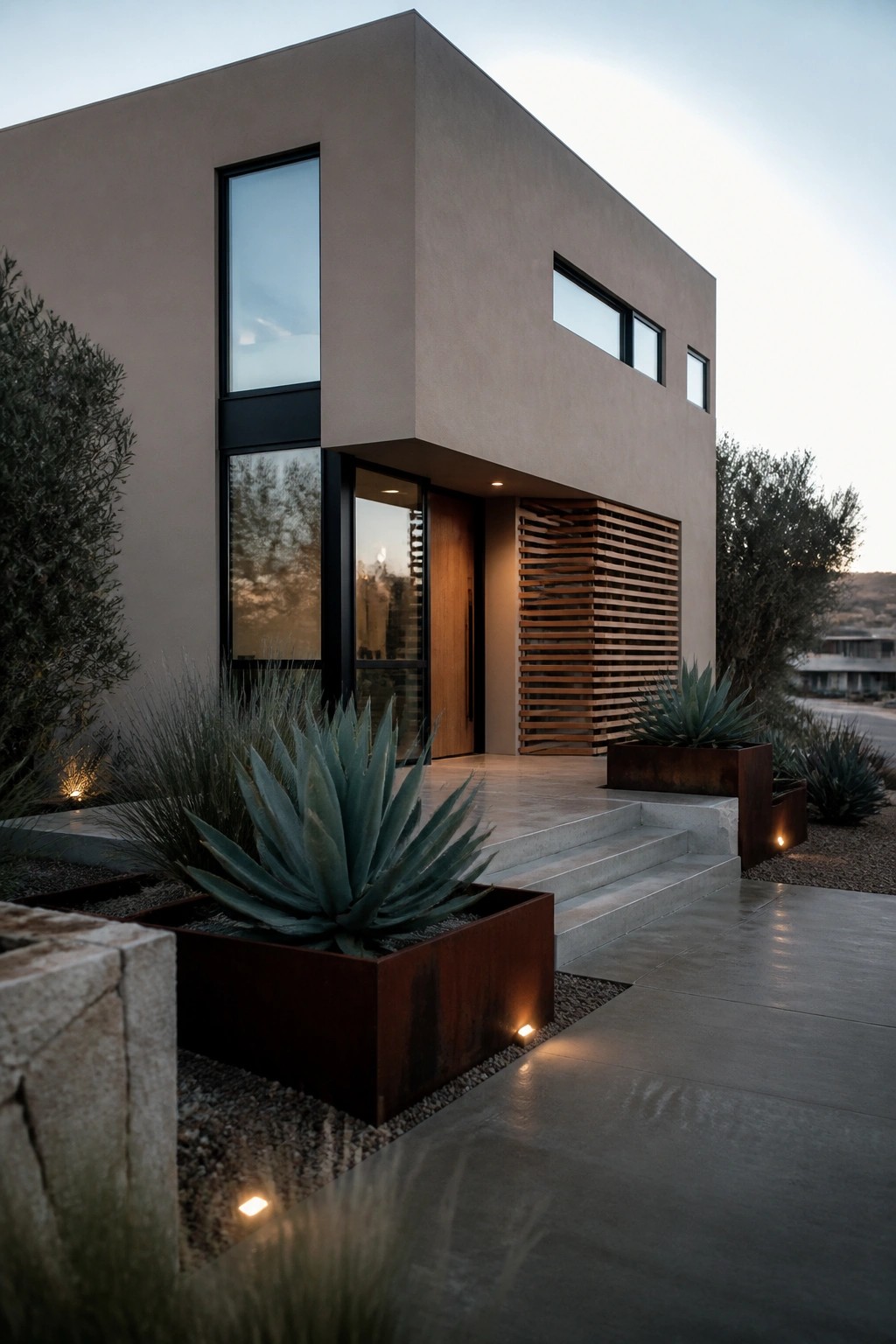 A modern two-story house with warm beige stucco walls, black-framed windows, a wooden door, concrete steps, and large agave plants in rusted metal planters.