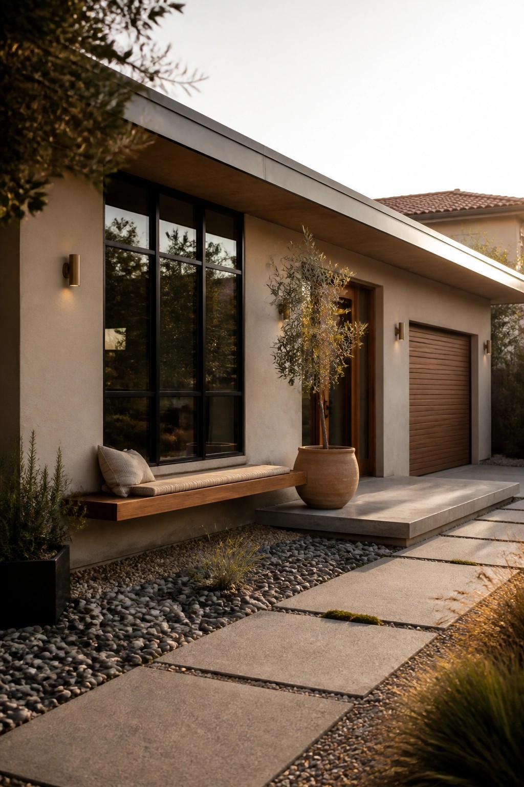 A modern house exterior with warm beige stucco walls, black-framed windows, a wooden bench, a large terracotta pot, and a concrete pathway.
