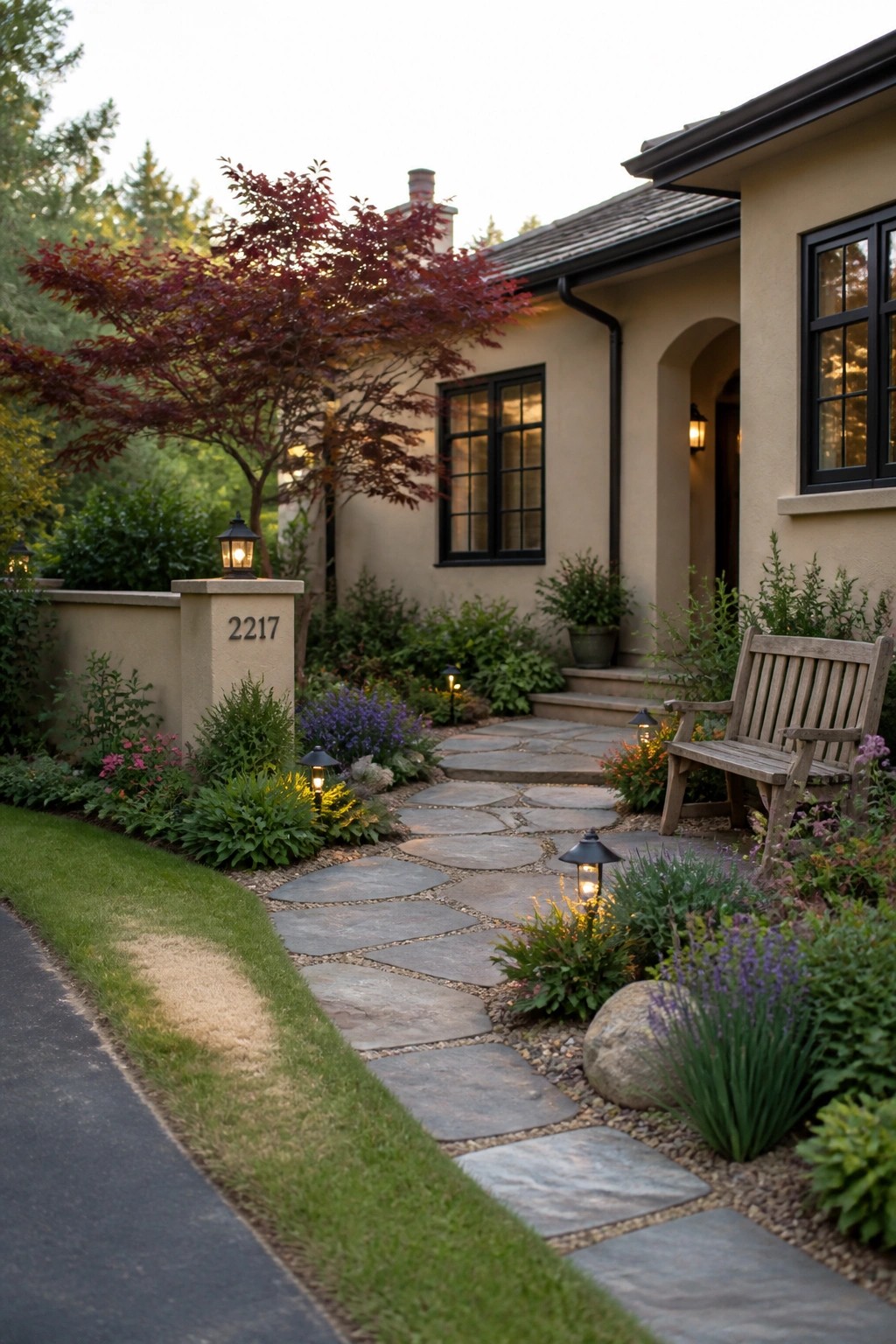 A beige house with black windows, a stone pathway, garden beds, and a wooden bench beside the front steps.