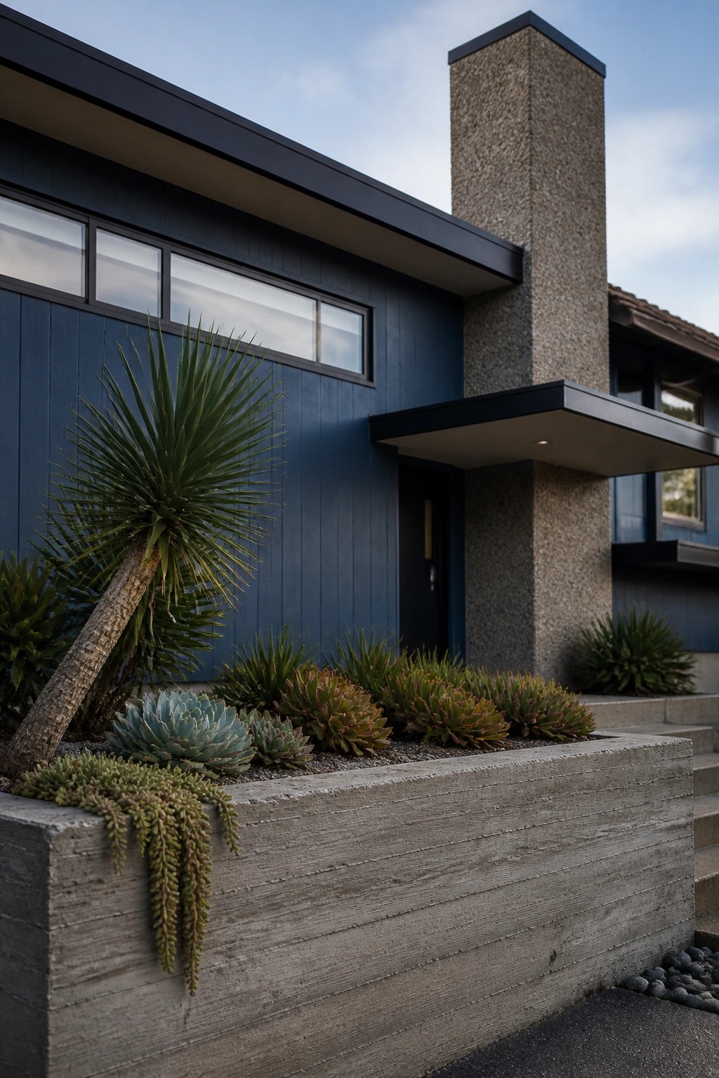 Modern dark blue house with stone chimney and succulent-filled concrete planter.