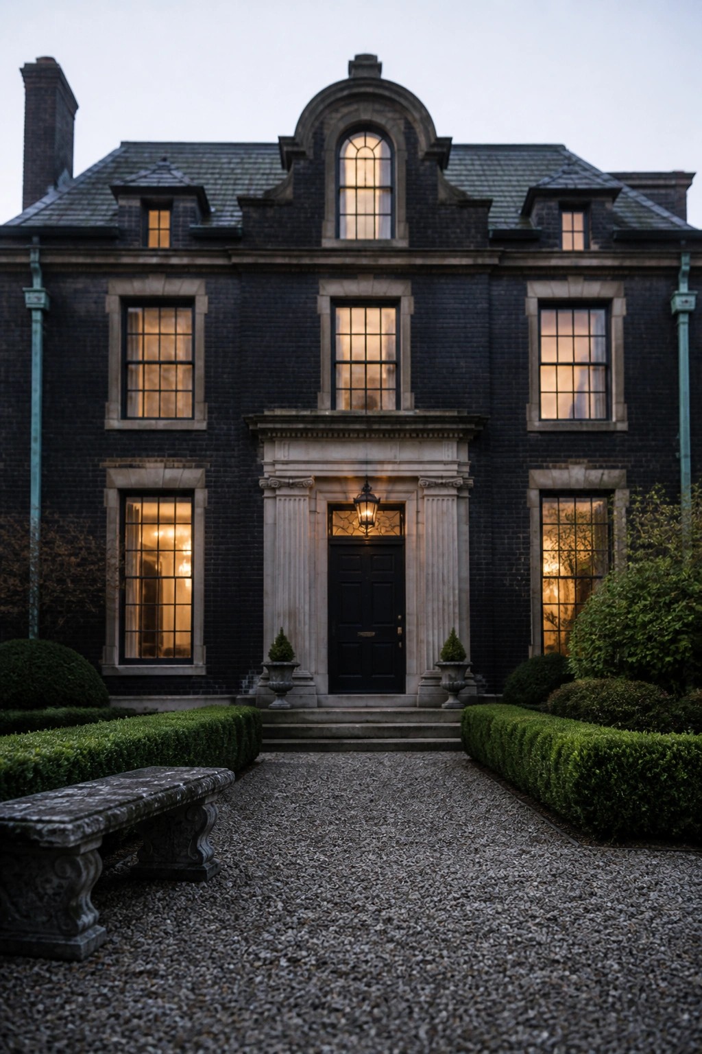 A large dark brick house with lit windows, a black front door framed by stone columns, and a gravel driveway lined with hedges.