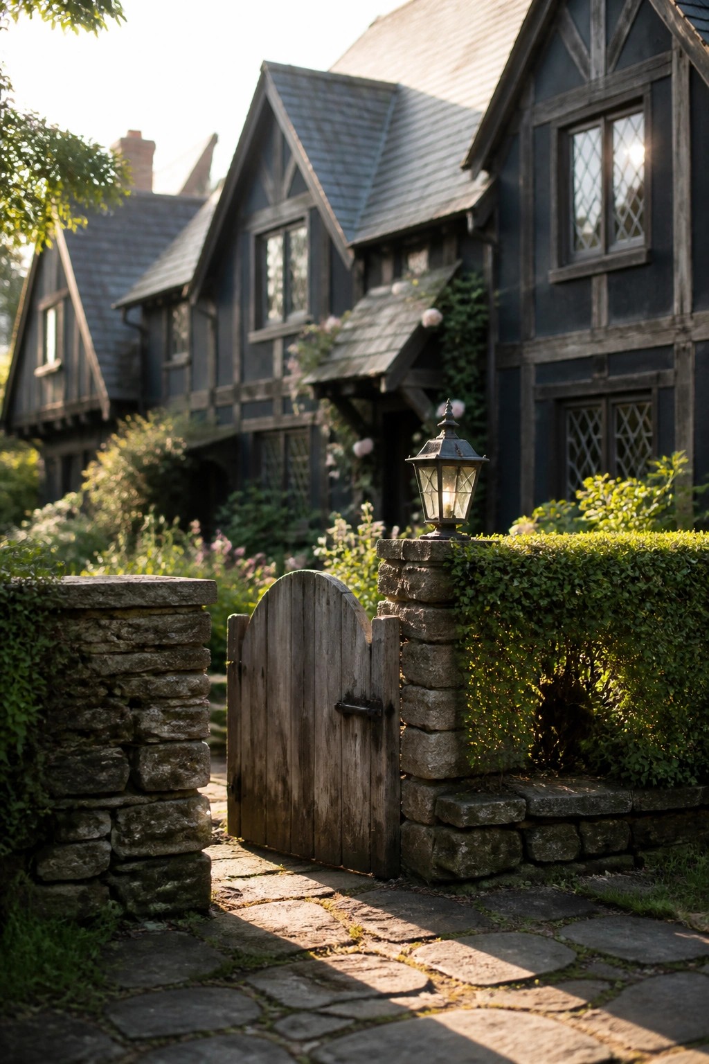 A dark painted Tudor house exterior with exposed timber framing, a wooden gate between stone pillars, and a lit lantern on the right pillar.