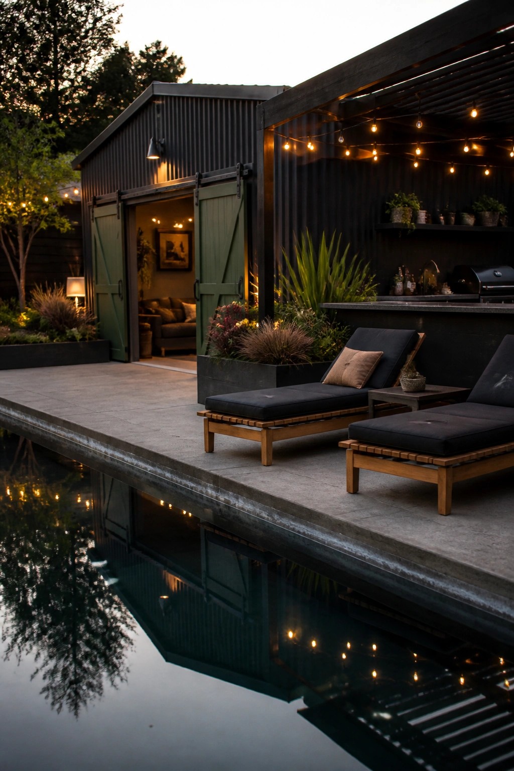 Dark metal building with green doors beside a concrete patio with two black lounge chairs and a pool in the foreground.
