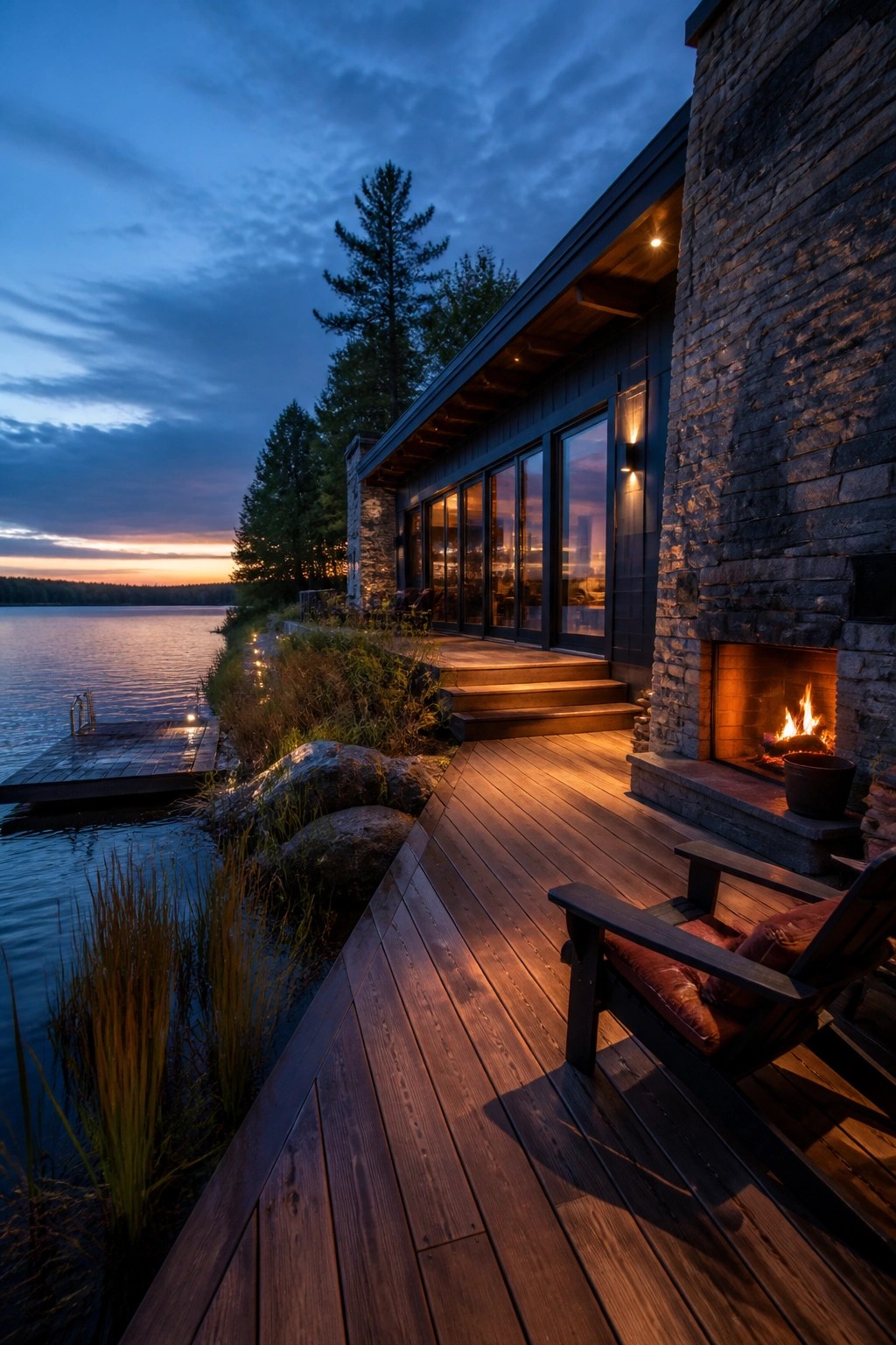 Modern lakeside cabin at dusk with wooden deck, stone fireplace, and glowing windows
