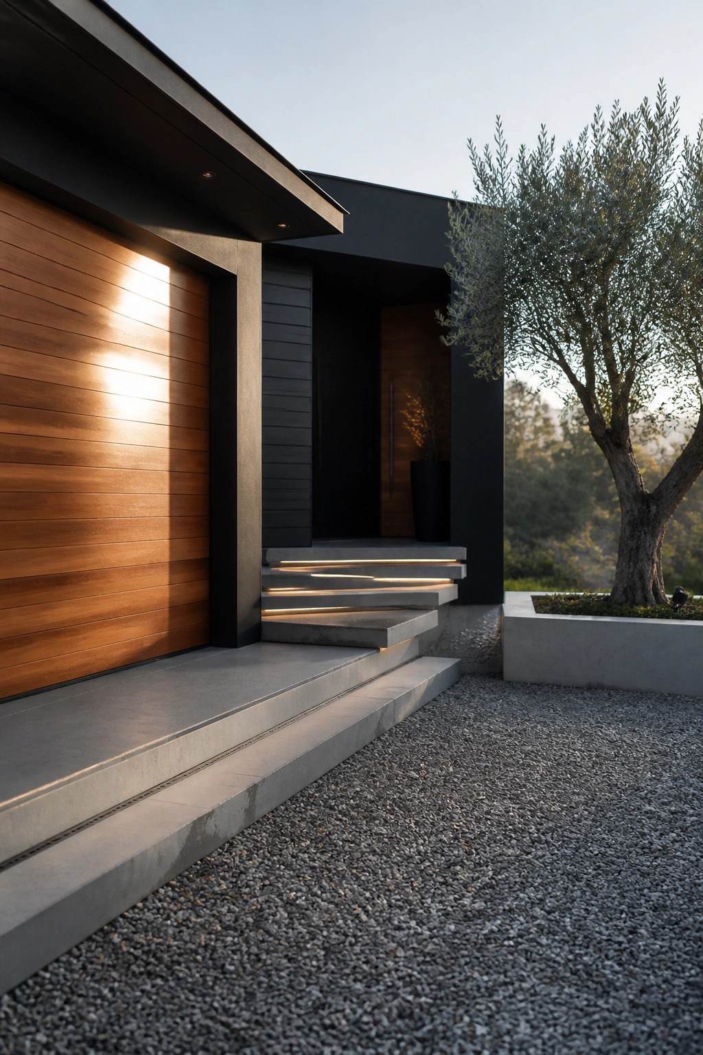A modern house exterior featuring dark walls, a horizontal wood garage door, illuminated concrete steps leading to the entrance, and a gravel driveway with an olive tree nearby.