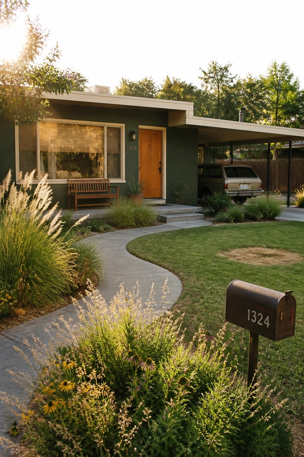 A single-story house with dark green siding, a wooden front door, concrete steps, a curved walkway, and a dark mailbox in the foreground.